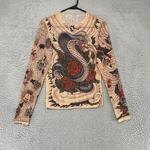 Miami Ink Tattoo‎ Mesh Shirt Womens XS/S Y2K Graphic Tee Gothic Snake Devil